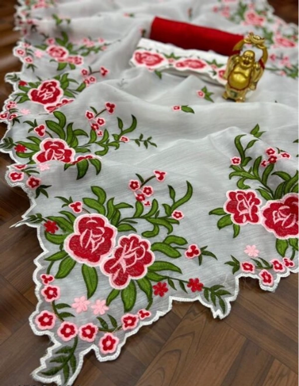 AAGAM Organza Silk Shaded Multi Thread Work White Sarees With 2 blouse Pieces - Free Size, White, Organza, Pack of1